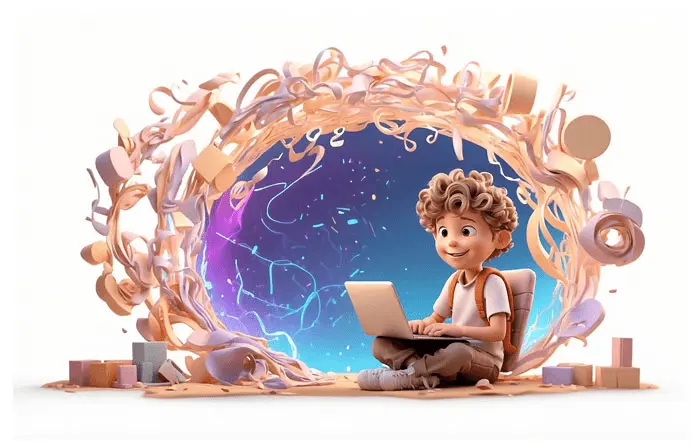 Boy with Laptop Exploring Online Education 3D Artwork Illustration